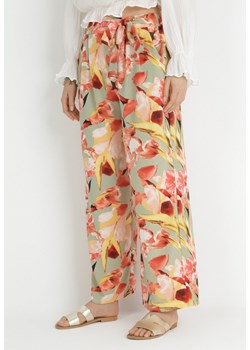 Miętowo-Czerwone Szerokie Spodnie w Kwiaty Hamara ze sklepu Born2be Odzież w kategorii Spodnie damskie - zdjęcie 153232373