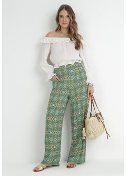 Zielone Wzorzyste Spodnie z Gumką w Pasie i Wysokim Stanem z Bawełny Marron ze sklepu Born2be Odzież w kategorii Spodnie damskie - zdjęcie 153232703