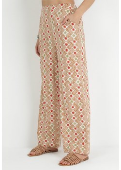 Beżowe Szerokie Spodnie Bawełniane w Fantazyjny Nadruk Miia ze sklepu Born2be Odzież w kategorii Spodnie damskie - zdjęcie 153232753