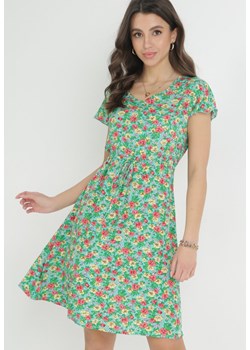 Miętowo-Zielona Rozkloszowana Sukienka Mini z Wiskozy w Kwiaty ze Sznurkiem Marani ze sklepu Born2be Odzież w kategorii Sukienki - zdjęcie 153232803