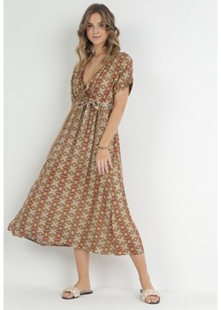 Brązowo-Bordowa Sukienka Rozkloszowana z Gumką w Pasie Myricle ze sklepu Born2be Odzież w kategorii Sukienki - zdjęcie 153232833