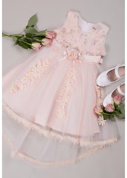 Jasnoróżowa Elegancka Sukienka z Wiązanym Paskiem i Motywem Róż z Tiulowym Dołem Adenie ze sklepu Born2be Odzież w kategorii Sukienki dziewczęce - zdjęcie 153245280
