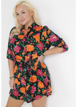 Czarno-Pomarańczowa Koszulowa Sukienka Mini z Guzikami i Materiałowym Paskiem Raimeda ze sklepu Born2be Odzież w kategorii Sukienki - zdjęcie 153283642