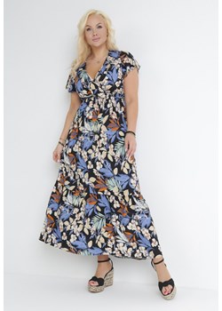 Czarno-Niebieska Sukienka w Kwiaty z Falbankami i Gumką w Pasie Galbasi ze sklepu Born2be Odzież w kategorii Sukienki - zdjęcie 153283691
