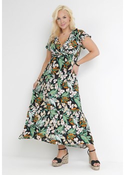 Czarno-Zielona Sukienka w Kwiaty z Falbankami i Gumką w Pasie Galbasi ze sklepu Born2be Odzież w kategorii Sukienki - zdjęcie 153283702