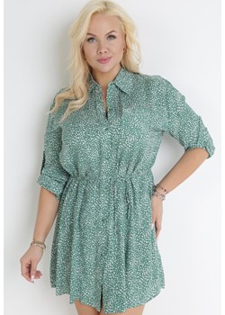 Zielona Koszulowa Sukienka Mini z Materiałowym Paskiem i Podpinanymi Rękawami Eleandia ze sklepu Born2be Odzież w kategorii Sukienki - zdjęcie 153285751