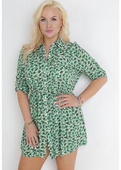 Zielona Koszulowa Sukienka Mini w Kwiaty z Materiałowym Paskiem i Podpinanymi Rękawami Isamone ze sklepu Born2be Odzież w kategorii Sukienki - zdjęcie 153285771