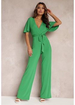 Zielony Długi Kombinezon z Wiązaniem i Głębokim Kopertowym Dekoltem Sumya ze sklepu Renee odzież w kategorii Kombinezony damskie - zdjęcie 153349283