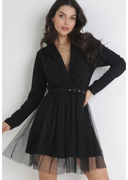 Czarna Kopertowa Sukienka Mini z Paskiem i Tiulem na Dole Anaida ze sklepu Born2be Odzież w kategorii Sukienki - zdjęcie 153374991