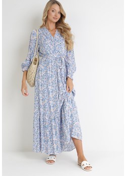 Niebieska Sukienka Maxi z Wiskozy z Gumką w Talii i Materiałowym Paskiem Edeline ze sklepu Born2be Odzież w kategorii Sukienki - zdjęcie 153526463
