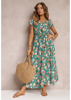 Zielona Wiskozowa Sukienka Maxi w Kwiaty ze Ściągaczem w Talii Kenlia ze sklepu Renee odzież w kategorii Sukienki - zdjęcie 153538604