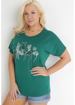 Zielony Bawełniany T-shirt z Krótkim Rękawem z Nadrukiem w Koty z Cekinami Canila ze sklepu Born2be Odzież w kategorii Bluzki damskie - zdjęcie 153733590