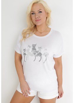 Biały Bawełniany T-shirt z Krótkim Rękawem z Nadrukiem w Koty z Cekinami Canila ze sklepu Born2be Odzież w kategorii Bluzki damskie - zdjęcie 153733611