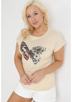 Beżowy T-shirt Bawełniany z Nadrukiem Iondia ze sklepu Born2be Odzież w kategorii Bluzki damskie - zdjęcie 153733681