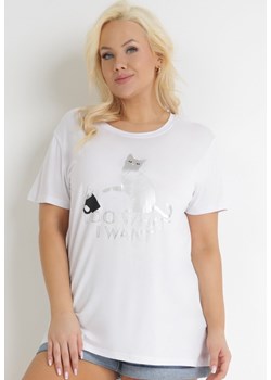 Biały T-shirt z Błyszczącym Nadrukiem Kotka Shanaia ze sklepu Born2be Odzież w kategorii Bluzki damskie - zdjęcie 153733842