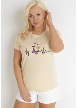 Beżowy T-shirt z Bawełny z Krótkim Rękawem i Nadrukiem w Motyle Katelin ze sklepu Born2be Odzież w kategorii Bluzki damskie - zdjęcie 153733912