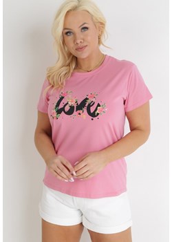 Różowy Bawełniany T-shirt z Krótkim Rękawem i Nadrukiem Naremena ze sklepu Born2be Odzież w kategorii Bluzki damskie - zdjęcie 153733940