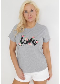Szary Bawełniany T-shirt z Krótkim Rękawem i Nadrukiem Naremena ze sklepu Born2be Odzież w kategorii Bluzki damskie - zdjęcie 153733954