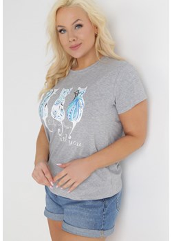 Szary Bawełniany T-shirt z Nadrukiem w Koty Ashanta ze sklepu Born2be Odzież w kategorii Bluzki damskie - zdjęcie 153733982