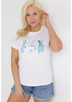 Biały Bawełniany T-shirt z Nadrukiem w Koty Ashanta ze sklepu Born2be Odzież w kategorii Bluzki damskie - zdjęcie 153734003