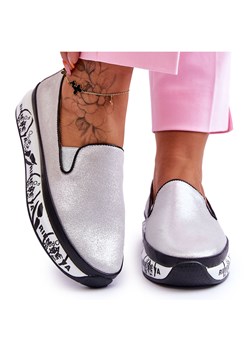 S.Barski Damskie Skórzane Tenisówki Slip-On Srebrne Ottavia srebrny ze sklepu ButyModne.pl w kategorii Trampki damskie - zdjęcie 153754121