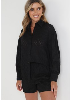 Czarna Bawełniana Koszula z Guzikami i Delikatnym Wzorem Tishan ze sklepu Born2be Odzież w kategorii Koszule damskie - zdjęcie 153778974