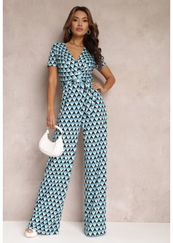 Niebieski Kopertowy Kombinezon z Krótkim Rękawem i Długimi Nogawkami Avrey ze sklepu Renee odzież w kategorii Kombinezony damskie - zdjęcie 153782010