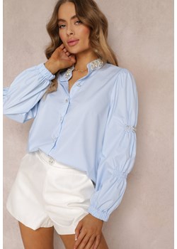Niebieska Koszula z Ozdobnymi Rękawami i Stójką Maika ze sklepu Renee odzież w kategorii Koszule damskie - zdjęcie 154098880