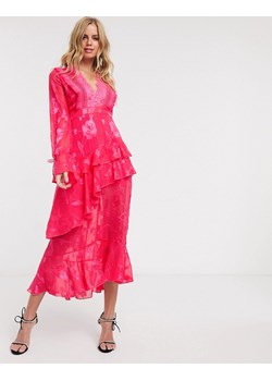 DARK PINK Różowa sukienka midi koronka v-neck (36) ze sklepu SUPELO w kategorii Sukienki - zdjęcie 154306172