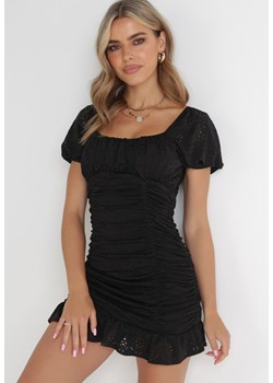 Czarna Ażurowa Sukienka Mini z Kwadratowym Dekoltem i Falbankami z Bawełny Michala ze sklepu Born2be Odzież w kategorii Sukienki - zdjęcie 154467523