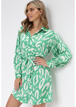 Zielona Sukienka Mini z Plisowanymi Rękawami i Materiałowym Paskiem Sevan ze sklepu Born2be Odzież w kategorii Sukienki - zdjęcie 154467604