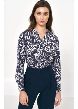 Elegancka bluzka w kwiatowy wzór B150, Kolor granatowo-biały, Rozmiar 38, Nife ze sklepu Primodo w kategorii Bluzki damskie - zdjęcie 154488551