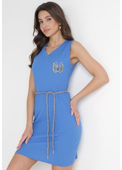 Niebieska Sukienka Mini z Prążkowanej Bawełny ze Sznurkiem i Naszywką z Cyrkoniami Chyler ze sklepu Born2be Odzież w kategorii Sukienki - zdjęcie 154510681