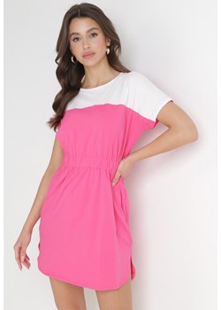 Biało-Różowa Sukienka Mini z Gumką w Talii i Rękawem Typu Nietoperz z Bawełny Malania ze sklepu Born2be Odzież w kategorii Sukienki - zdjęcie 154510701