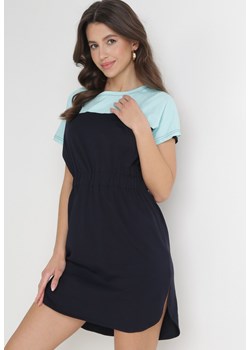Czarno-Niebieska Sukienka Mini z Gumką w Talii i Rękawem Typu Nietoperz z Bawełny Malania ze sklepu Born2be Odzież w kategorii Sukienki - zdjęcie 154510711