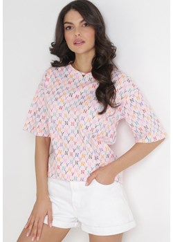 Jasnoróżowy T-shirt Bawełniany z Krótkim Rękawem i Nadrukiem Naven ze sklepu Born2be Odzież w kategorii Bluzki damskie - zdjęcie 154510801