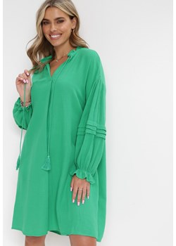 Zielona Bawełniana Sukienka Mini z Ozdobnym Wiązaniem i Przeszyciami na Rękawach Anla ze sklepu Born2be Odzież w kategorii Sukienki - zdjęcie 154512492