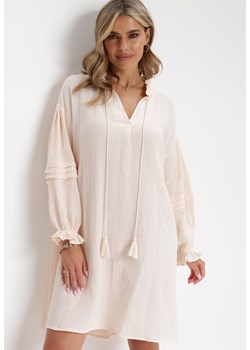 Beżowa Bawełniana Sukienka Mini z Ozdobnym Wiązaniem i Przeszyciami na Rękawach Anla ze sklepu Born2be Odzież w kategorii Sukienki - zdjęcie 154512502