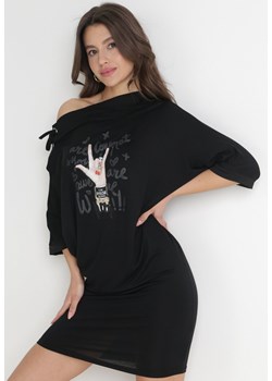 Czarna Tunika na Jedno Ramię z Wiązaniem i Nadrukiem Ebisa ze sklepu Born2be Odzież w kategorii Bluzki damskie - zdjęcie 154531701