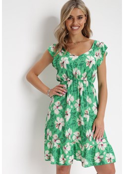 Zielona Sukienka Bawełniana w Kwiaty Aimya ze sklepu Born2be Odzież w kategorii Sukienki - zdjęcie 154531982