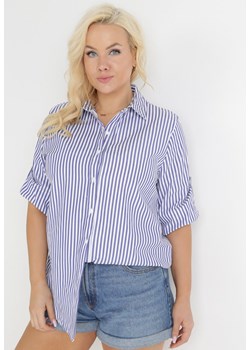 Granatowa Koszula z Kołnierzem i Podpinanymi Rękawami w Paski Cilkey ze sklepu Born2be Odzież w kategorii Koszule damskie - zdjęcie 154537194