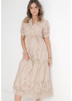 Beżowa Haftowana Sukienka Maxi ze Ściągaczem w Talii Erlina ze sklepu Born2be Odzież w kategorii Sukienki - zdjęcie 154537214