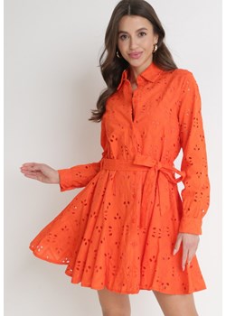 Pomarańczowa Ażurowa Sukienka Bawełniana z Wiązanym Paskiem Ilerah ze sklepu Born2be Odzież w kategorii Sukienki - zdjęcie 154537264