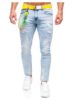 Niebieskie spodnie jeansowe męskie slim fit z paskiem Denley KX956 ze sklepu Denley w kategorii Jeansy męskie - zdjęcie 154546992