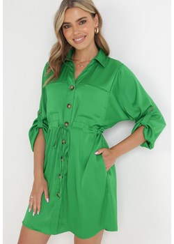 Zielona Koszulowa Sukienka Mini ze Ściągaczem w Pasie i Podpinanymi Rękawami Claira ze sklepu Born2be Odzież w kategorii Sukienki - zdjęcie 155785402
