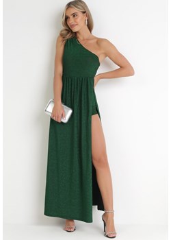 Zielona Asymetryczna Sukienka Maxi z Rozkloszowanym Dołem i Wycięciem z Brokatem Acaisa ze sklepu Born2be Odzież w kategorii Sukienki - zdjęcie 155785540