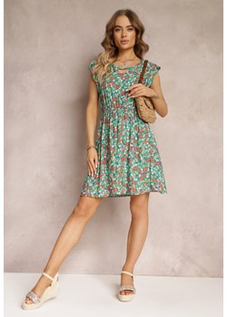 Zielona Rozkloszowana Sukienka Bawełniana w Kwiaty z Gumką w Pasie Erlolla ze sklepu Renee odzież w kategorii Sukienki - zdjęcie 155786283