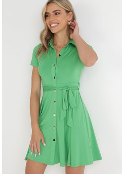 Zielona Koszulowa Sukienka Mini z Guzikami i Materiałowym Paskiem Idophira ze sklepu Born2be Odzież w kategorii Sukienki - zdjęcie 155811370