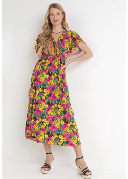 Żółto-Fuksjowa Wiskozowa Sukienka Maxi w Kwiaty z Gumką w Talii i Kopertowym Dekoltem Trelline ze sklepu Born2be Odzież w kategorii Sukienki - zdjęcie 155874384