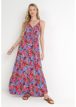 Różowo-Niebieska Sukienka z Wiskozy w Kwiaty i Kopertowym Dekoltem Gelia ze sklepu Born2be Odzież w kategorii Sukienki - zdjęcie 155874434